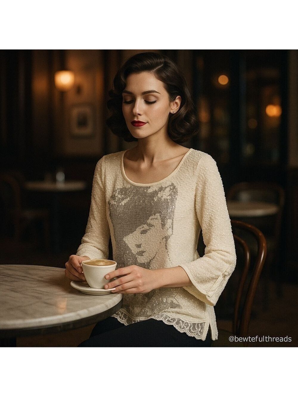 Joseph Ribkoff Popcorn Knit Lace Tunic Top Graphic Bow Detail (Est. S/M